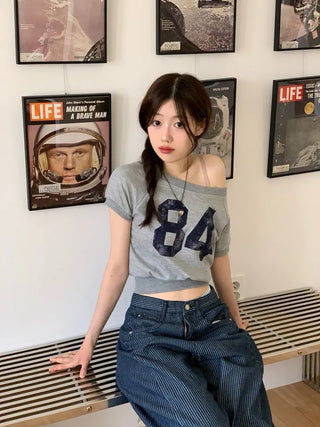 Longi one-shoulder cropped printed shibori short sleeve man-to-man t-shirt