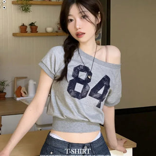 Longi one-shoulder cropped printed shibori short sleeve man-to-man t-shirt