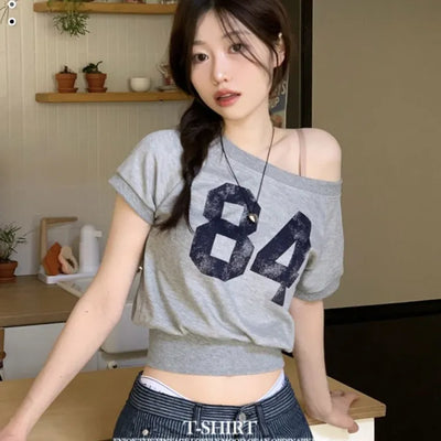 Longi one-shoulder cropped printed shibori short sleeve man-to-man t-shirt