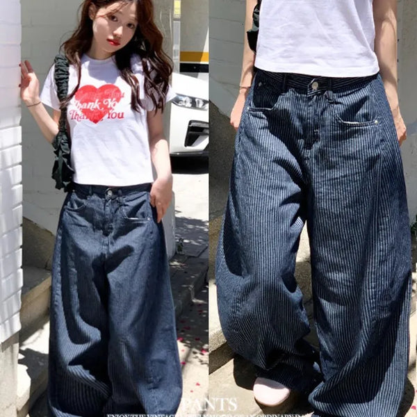 Pebble stripe denim balloon wide loose fit long pants 3 sizes