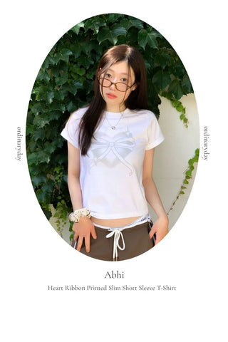 Abi Heart Ribbon Print Short Sleeve Slim Short Sleeve T-Shirt