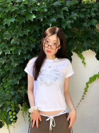 Abi Heart Ribbon Print Short Sleeve Slim Short Sleeve T-Shirt