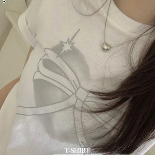 Abi Heart Ribbon Print Short Sleeve Slim Short Sleeve T-Shirt