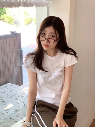 Abi Heart Ribbon Print Short Sleeve Slim Short Sleeve T-Shirt