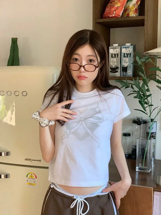 Abi Heart Ribbon Print Short Sleeve Slim Short Sleeve T-Shirt