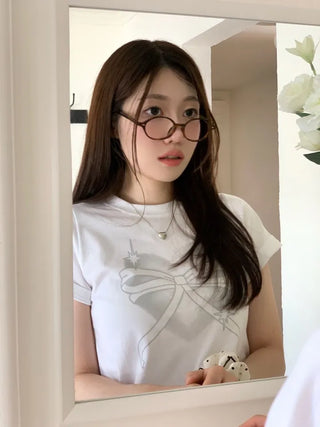 Abi Heart Ribbon Print Short Sleeve Slim Short Sleeve T-Shirt