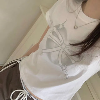 Abi Heart Ribbon Print Short Sleeve Slim Short Sleeve T-Shirt