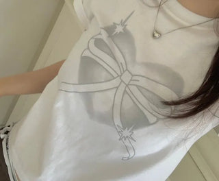 Abi Heart Ribbon Print Short Sleeve Slim Short Sleeve T-Shirt