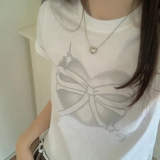 Abi Heart Ribbon Print Short Sleeve Slim Short Sleeve T-Shirt