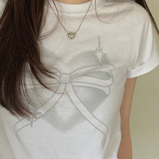 Abi Heart Ribbon Print Short Sleeve Slim Short Sleeve T-Shirt