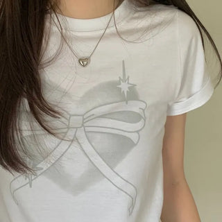 Abi Heart Ribbon Print Short Sleeve Slim Short Sleeve T-Shirt