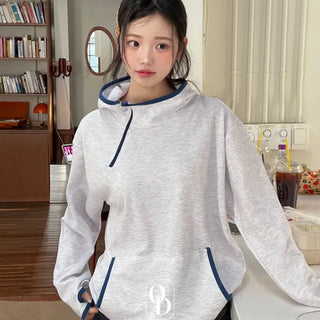 Lazy Diagonal Zipper Warmer String Two-Color Hooded T-Shirt