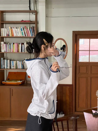 Lazy Diagonal Zipper Warmer String Two-Color Hooded T-Shirt