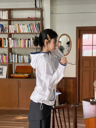 Lazy Diagonal Zipper Warmer String Two-Color Hooded T-Shirt