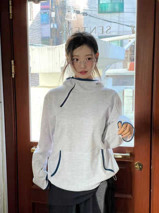 Lazy Diagonal Zipper Warmer String Two-Color Hooded T-Shirt