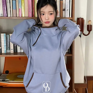 Lazy Diagonal Zipper Warmer String Two-Color Hooded T-Shirt