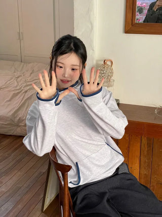 Lazy Diagonal Zipper Warmer String Two-Color Hooded T-Shirt