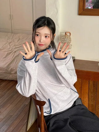 Lazy Diagonal Zipper Warmer String Two-Color Hooded T-Shirt