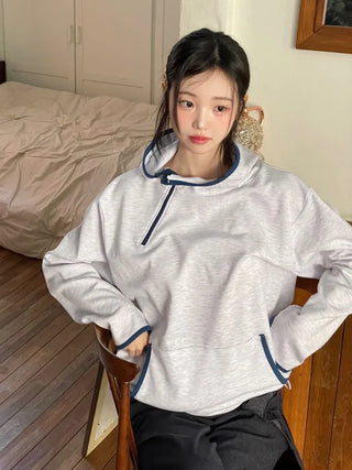 Lazy Diagonal Zipper Warmer String Two-Color Hooded T-Shirt