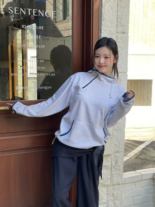 Lazy Diagonal Zipper Warmer String Two-Color Hooded T-Shirt