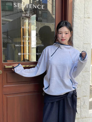 Lazy Diagonal Zipper Warmer String Two-Color Hooded T-Shirt