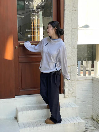 Lazy Diagonal Zipper Warmer String Two-Color Hooded T-Shirt