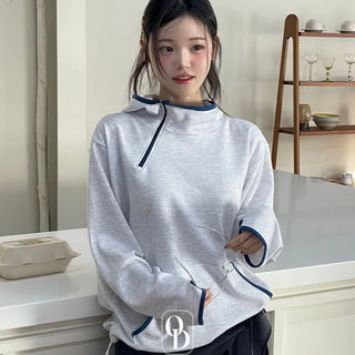 Lazy Diagonal Zipper Warmer String Two-Color Hooded T-Shirt