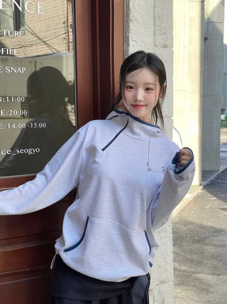 Lazy Diagonal Zipper Warmer String Two-Color Hooded T-Shirt