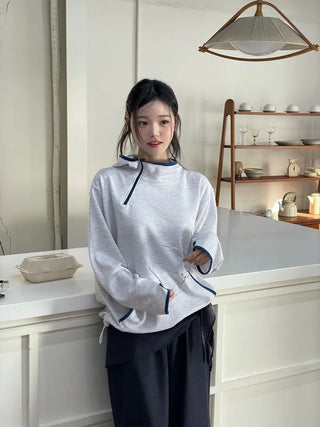 Lazy Diagonal Zipper Warmer String Two-Color Hooded T-Shirt