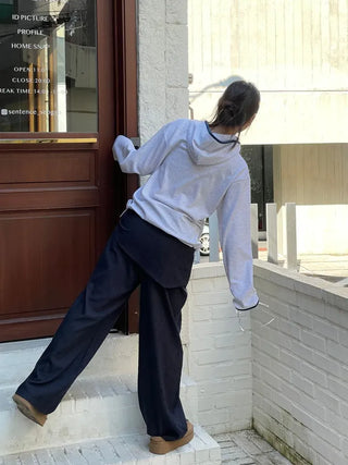 Lazy Diagonal Zipper Warmer String Two-Color Hooded T-Shirt