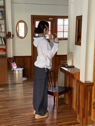 Lazy Diagonal Zipper Warmer String Two-Color Hooded T-Shirt