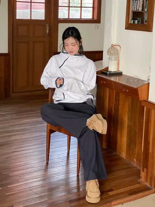 Lazy Diagonal Zipper Warmer String Two-Color Hooded T-Shirt