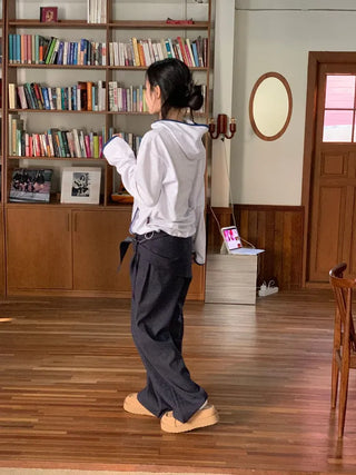 Lazy Diagonal Zipper Warmer String Two-Color Hooded T-Shirt