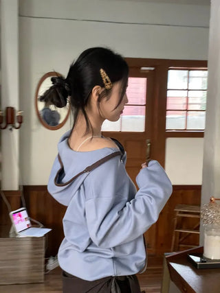 Lazy Diagonal Zipper Warmer String Two-Color Hooded T-Shirt