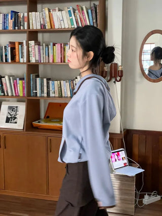 Lazy Diagonal Zipper Warmer String Two-Color Hooded T-Shirt