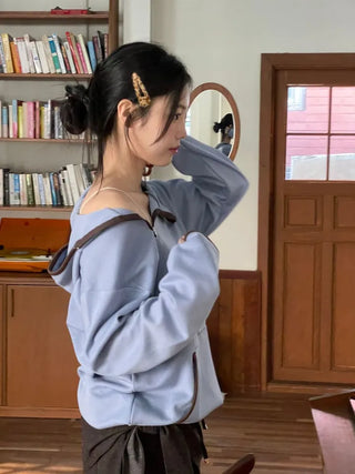 Lazy Diagonal Zipper Warmer String Two-Color Hooded T-Shirt