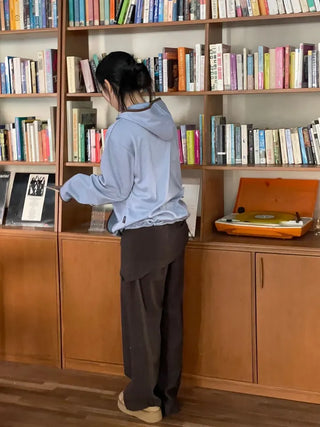 Lazy Diagonal Zipper Warmer String Two-Color Hooded T-Shirt