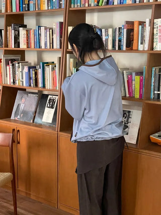 Lazy Diagonal Zipper Warmer String Two-Color Hooded T-Shirt