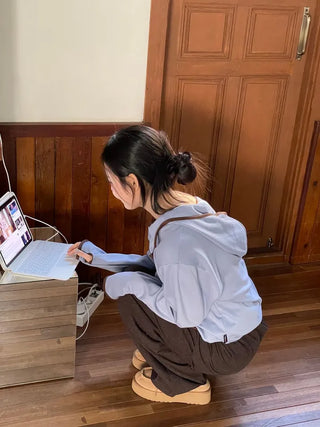 Lazy Diagonal Zipper Warmer String Two-Color Hooded T-Shirt