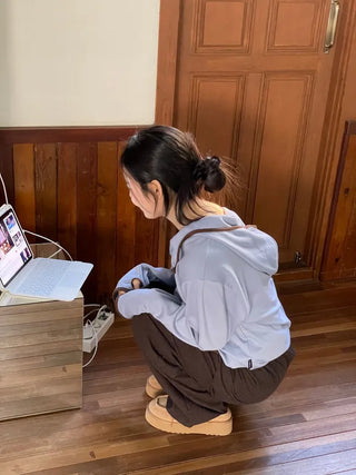 Lazy Diagonal Zipper Warmer String Two-Color Hooded T-Shirt