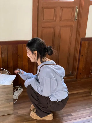 Lazy Diagonal Zipper Warmer String Two-Color Hooded T-Shirt