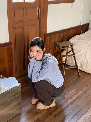 Lazy Diagonal Zipper Warmer String Two-Color Hooded T-Shirt