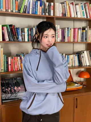 Lazy Diagonal Zipper Warmer String Two-Color Hooded T-Shirt