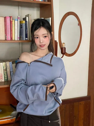 Lazy Diagonal Zipper Warmer String Two-Color Hooded T-Shirt