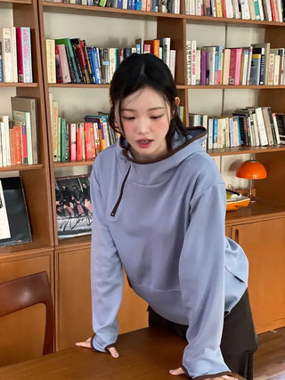 Lazy Diagonal Zipper Warmer String Two-Color Hooded T-Shirt