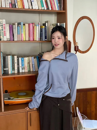 Lazy Diagonal Zipper Warmer String Two-Color Hooded T-Shirt