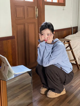 Lazy Diagonal Zipper Warmer String Two-Color Hooded T-Shirt