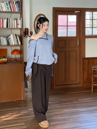 Lazy Diagonal Zipper Warmer String Two-Color Hooded T-Shirt