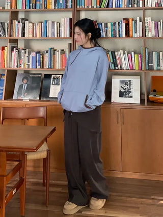 Lazy Diagonal Zipper Warmer String Two-Color Hooded T-Shirt