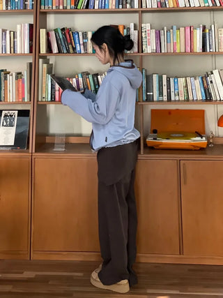 Lazy Diagonal Zipper Warmer String Two-Color Hooded T-Shirt